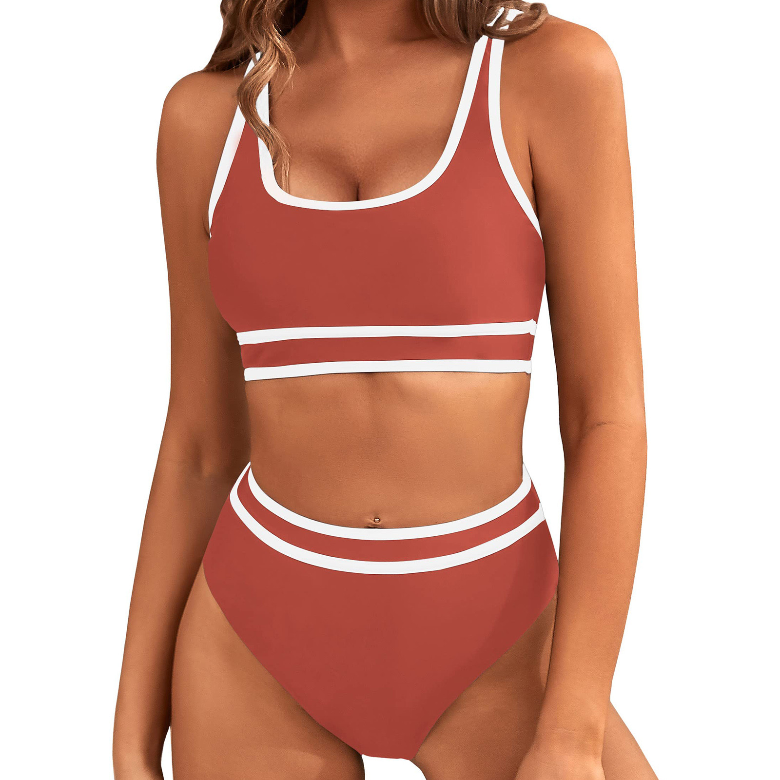 BUIgtTklOP Women's High Waisted Bikini Sets Sporty Two Piece Swimsuits Color Block Cheeky High Cut Bathing Suits